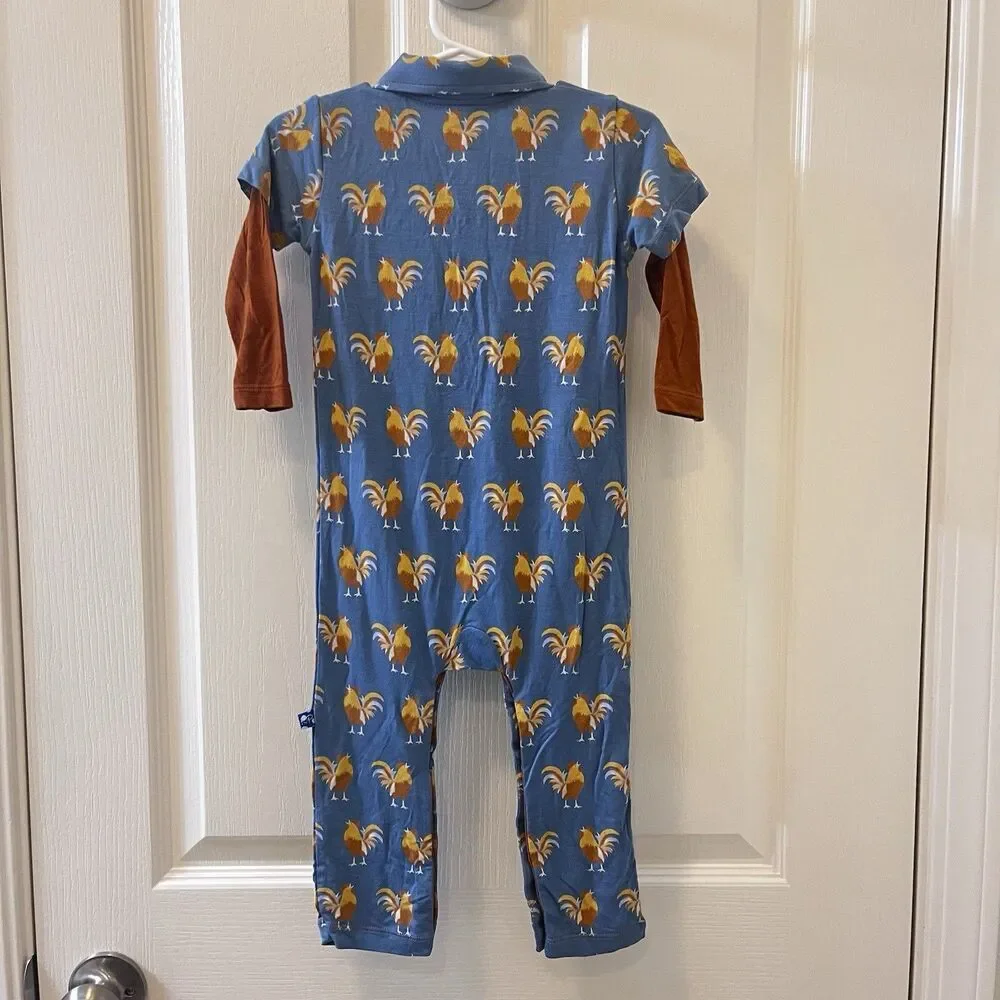 Kickee Pants Blue Parisian Rooster Polo Romper Bamboo Boys Size 18-24 Months